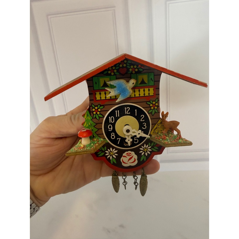 Alexander Taron Mini Cuckoo Clock Hand Painted Chalet Deer Bird Mushroom